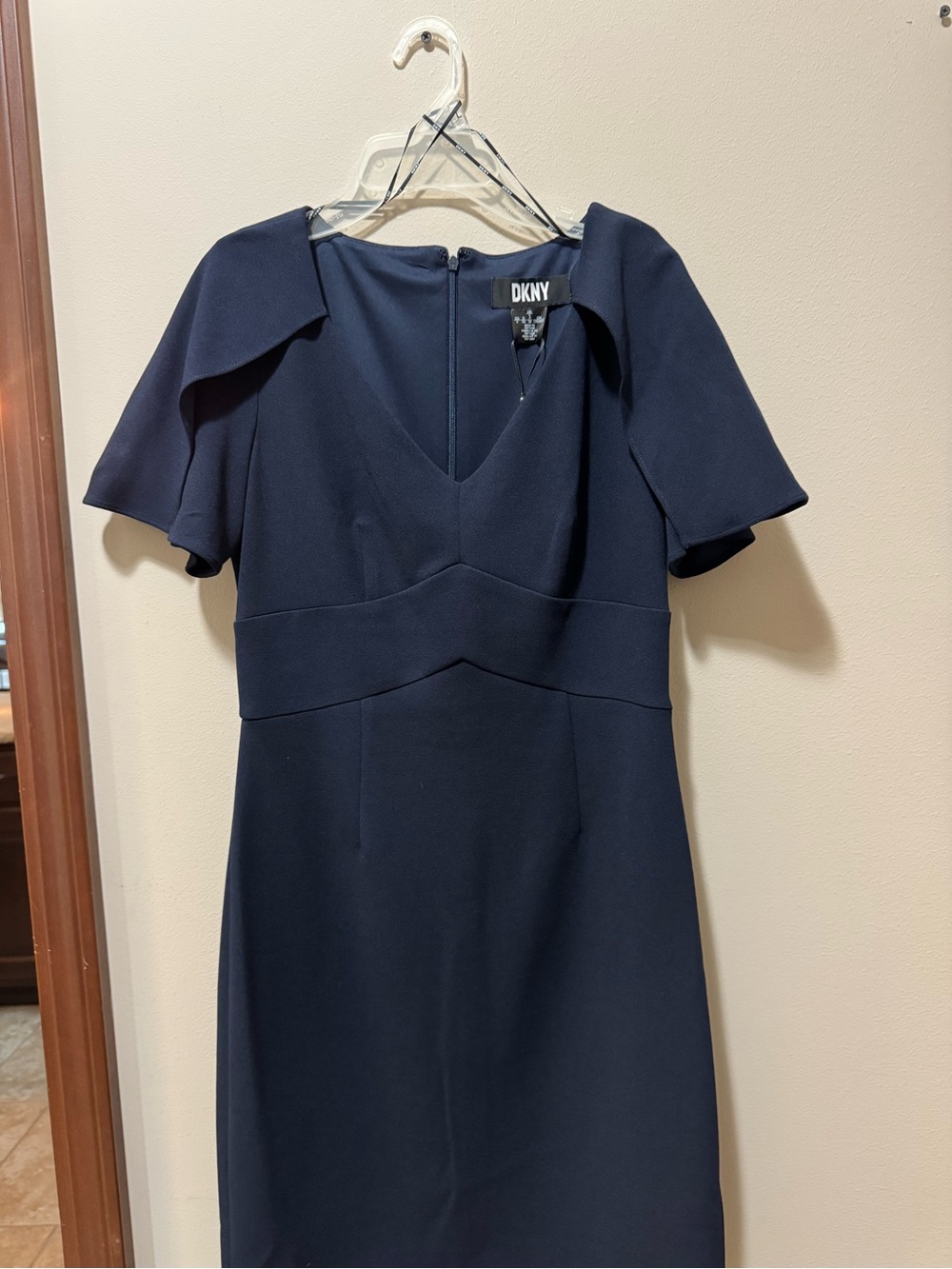 DKNY Navy V-Neck Midi Dress with Structured Waist